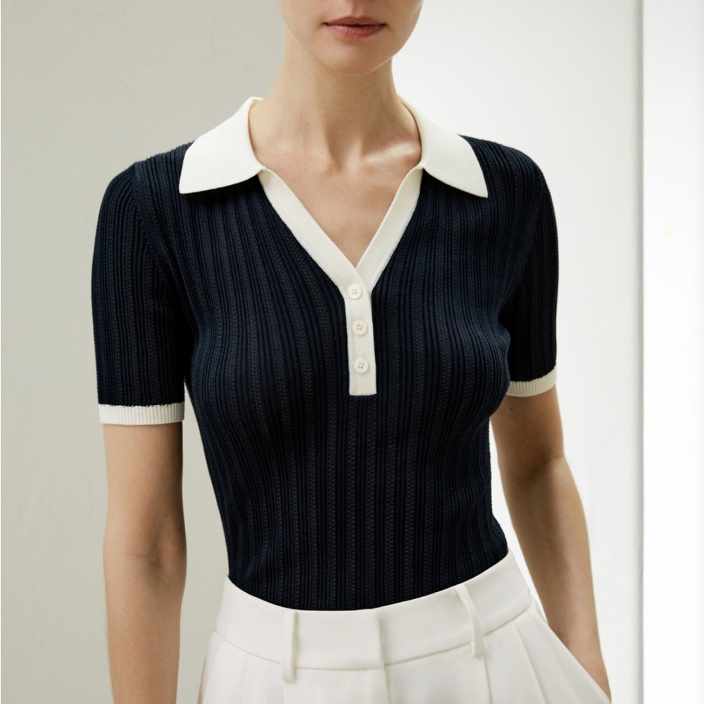 Silk Navy and White Collared Rib Knit Top - Picture 2 of 8